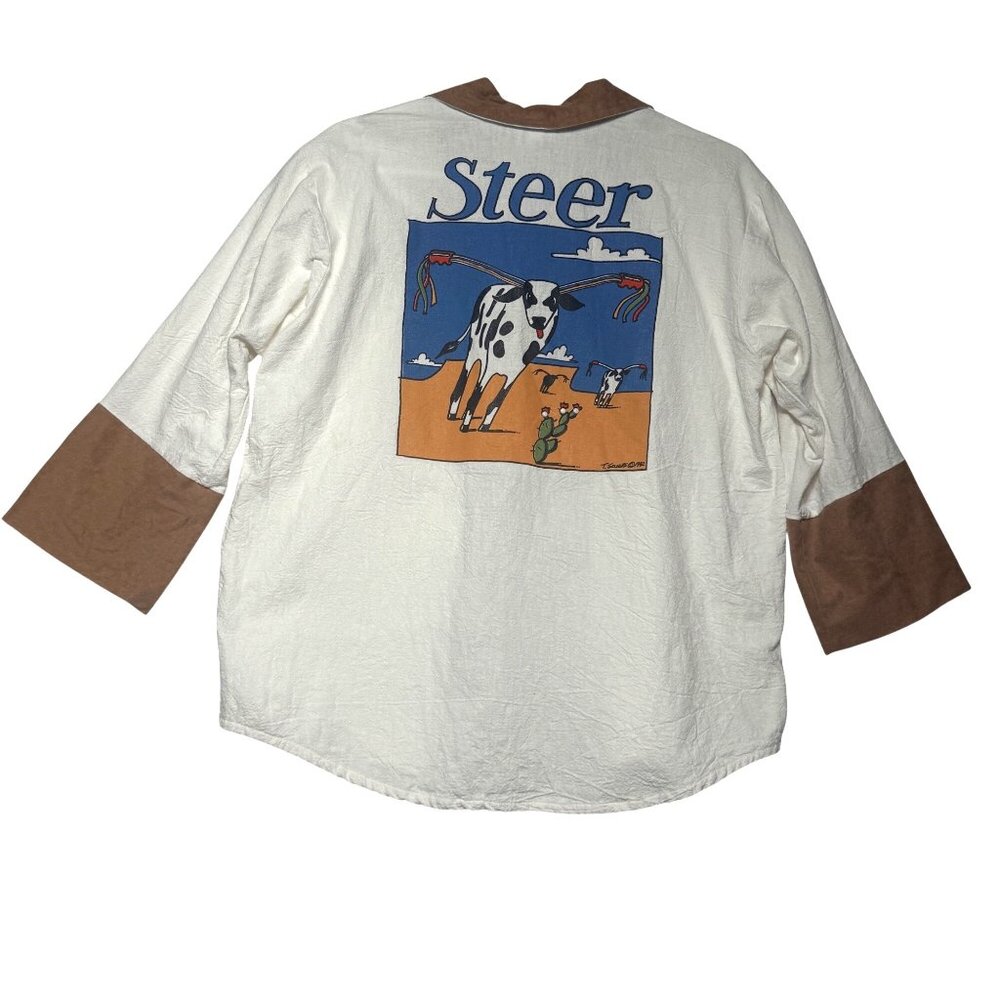 Lida Shirt Womens OS White Brown Cotton Vintage 1992 Steer Print Button Down